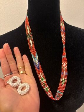 Handmade Red Beaded Necklace and White Bead Earrings Set